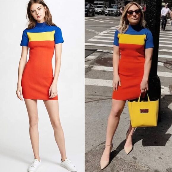 Solace London Manon Dress Colorblock Red/Blue/Yellow Mock Neck Mini Bodycon 6 - Picture 1 of 12